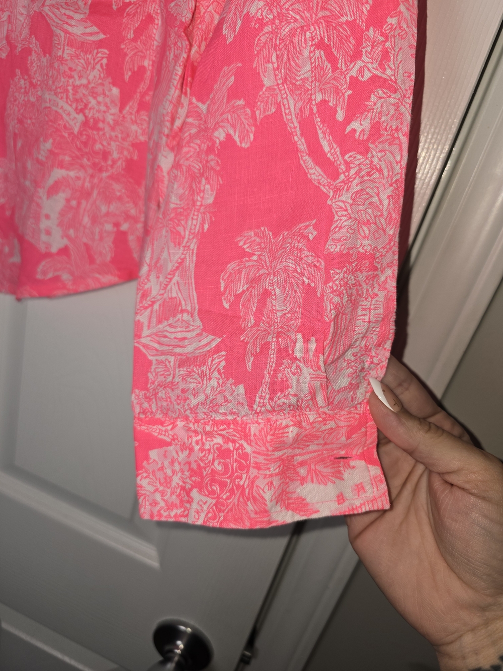 Lilly Pulitzer Destination Palm Beach 100% Linen Hot Pink Button Down Shirt M - Picture 5 of 9